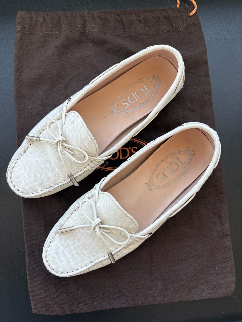 Tod's White Saffiano Leather Laced Gommino Driving Shoes